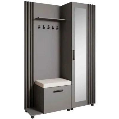 Produktbild von Garderoben-Set LIVIA Links Graphit – Garderobenschrank mit Spiegel, Schuhschrank mit hellbeigem Sitzkissen, Lamellen in Schwarz, Hochschrank