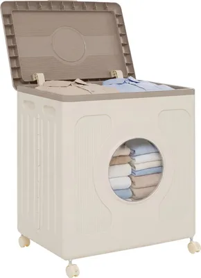 Produktbild von COSTWAY Aufbewahrungsbox, 45 L Wäschekorb Kunststoff mit Rollen & Deckel & Fenster, Wäschetonne tragbar für Zuhause, Wäsche & Schlafzimmer, Grau
