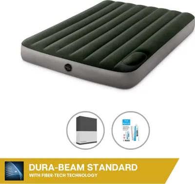 Produktbild von Intex Luftbett - 2 Personen - 137 x 191 x 25 cm - Grün - Mit eingebauter Fußpumpe + Spannbettlaken Schwarz + Reperaturset