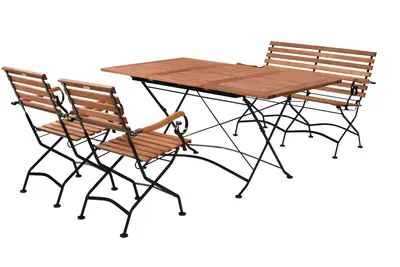 A wooden garden furniture set including a table, two chairs, and a bench, displayed on a white background.