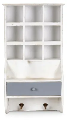 Produktbild von Wandregal „Villa Vintage“ – Hängeregal im Shabby Chic aus altem Holz mit Schublade und Haken, Landhausstil, H 68 × B 35 × T 18 cm