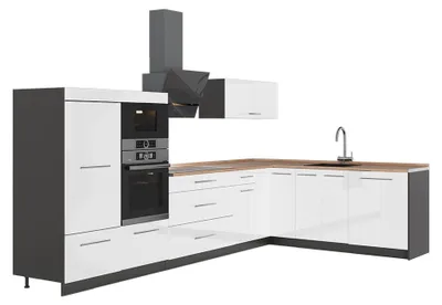 Produktbild von Eckküche Vicco Fame-Line Weiß Hochglanz/Anthrazit 347 x 207 cm, AP Eiche, Model 63582