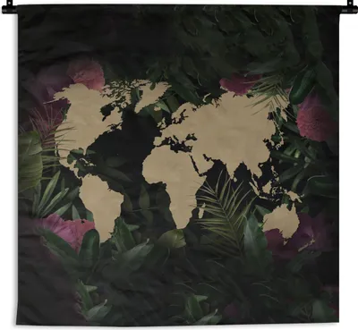 Produktbild von MuchoWow® Wandteppich Wandbehang Weltkarte - Braun - Blumen 150x150 cm Tapisserie Dekoration Wandtuch - Wohnaccessoires - Modernes