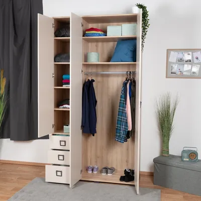 Produktbild von Kinderzimmer - Drehtürenschrank / Kleiderschrank Benjamin 19, Farbe: Buche / Creme - 236 x 126 x 56 cm (H x B x T)