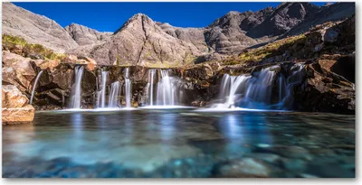 Produktbild von Tulup® Glas-Bild - 100x50 -Wandkunst - Wandbild hinter gehärtetem Sicherheitsglas  - Landschaften - Wasserfall Berge - Blau