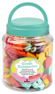 Produktbild von moses. Große Holzperlen zum Fädeln, 75 bunte Perlen und 5 Schnüre zum Auffädeln,