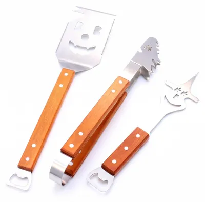 Image de Ensemble de 3 pièces avec manches en bois – Accessoires pour barbecue pour une expérience culinaire parfaite