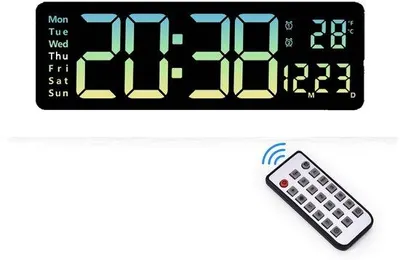 Obrázek produktu pro Digitální nástěnné hodiny s dálkovým ovládáním, velikost 40,6 cm, 10 úrovní jasu, odpočítávací hodiny s displejem pro datum, čas a teplotu, 2 budíky, do obývacího pokoje a kanceláře, modré, zobrazení teploty