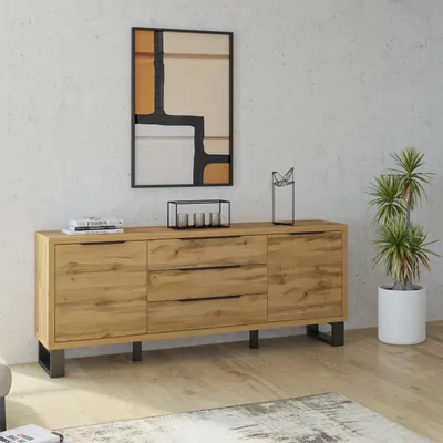 A modern sideboard in a living room setting.