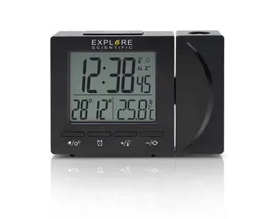 A black digital alarm clock with a projection feature is shown against a white background.