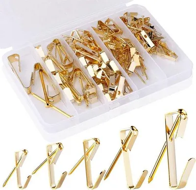 Produktbild von Set aus 120 Malerhaken, Set aus Malerhaken, Edelstahl-Malerhaken mit Nägeln für das Befestigen von Fotoleisten, Spiegeln und Kunstwerken (5 Größen, Gold)