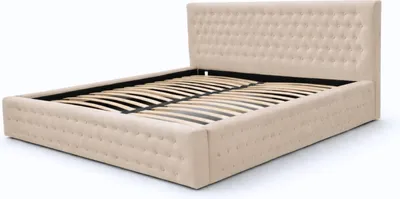 Produktbild von Polsterbett Chesterfield 11 160x200 – Beige (Manila 02) – Doppelbett mit Samst Bezug, Kopfstütze, gepolstertes Kopfteil, Rahmenbettgestell, Bettkasten und Lattenrost