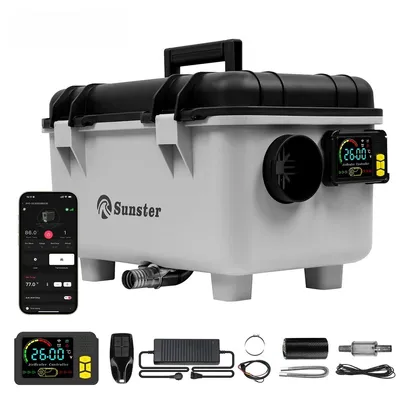 A collage of images showing a diesel heater and its accessories, including a remote control, power adapter, and smartphone app interface.