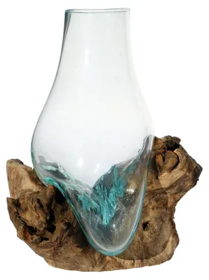 Glasvase mit Wurzelholz, handgefertigt, Größe M, 21–24 cm