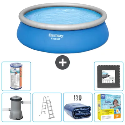 Produktbild von Bestway runder aufblasbarer Fast-Set-Schwimmpool – 457 x 122 cm – Blau – inklusive Pumpe – Leiter Sonnensegel - Wartungspaket - Filter - Bodenfliesen