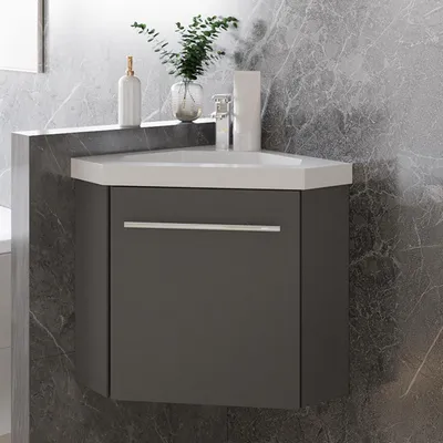 Produktbild von 40 cm Weiß Matt Badmöbel Set Eckwaschtisch mit Unterschrank Soft-Close Funktion Kleiner Badeschrank