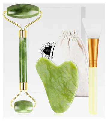 Produktbild von Jade-Roller-Set für das Gesicht, Gua Sha Stein Massageset, Massagegerät aus natürlichem Jadestein mit Maskenpinsel für Anti-Aging