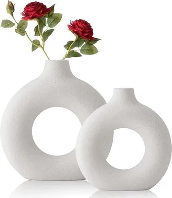 Produktbild von Unyqoos® 2er-Set handgefertigte Keramikvasen für Pampasgras, matt-beige Donut-Form, groß 23,3×21,5 cm & klein 19,3×18 cm, Öffnung 4/3 cm, Boho-Tischdeko