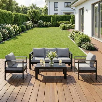 Produktbild von MeXo Gartenmöbelset, Loungeset Aluminium für 4-5 Personen mit Kissen und Couchtisch Indoor Outdoor Balkon schwarz (Sitzgruppe, Aluminiumrahmen)