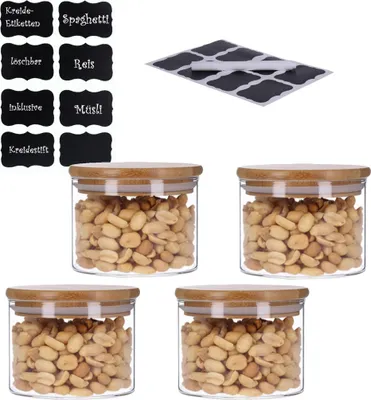 Produktbild von 4er Set Vorratsglas mit Bambusdeckel und 8 Kreidetafel- Sticker (4 x 350ml)