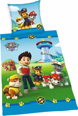 A Paw Patrol themed duvet cover and pillowcase set displayed flat.