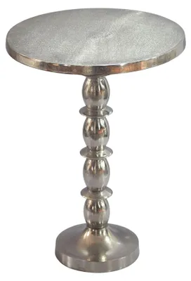 Beistelltisch Silber 40cm mit runder Aluminium-Tischplatte und gedrechseltem Mittelfuß, Gesamtansicht.