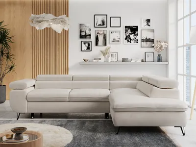 Produktbild von Ecksofa Sofa Beige, Wohnlandschaft L-Form mit Schlaffunktion und Bettkasten, Schlafsofa mit Bettkasten, Sofa mit Einstellbare Kopfstützen, Peter L - Hellbeige Velvet - Rechts Beige