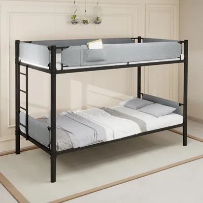 Zdjęcie produktu dla Łóżko piętrowe o wymiarach 90x190 cm, wykonane z metalu, możliwość rozłożenia na dwa pojedyncze łóżka, zdejmowane barierki ochronne z tkaniny, oszczędna konstrukcja, kolor czarny