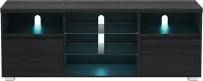 A dark wood TV stand with LED lighting.