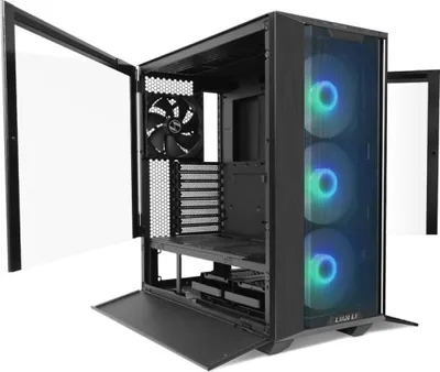 A Lian Li LANCOOL III computer case with its side panel open, revealing the interior and fans.