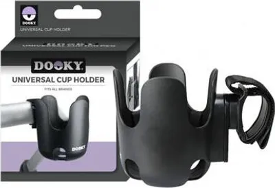 A product shot showing the packaging and the product itself, a black universal cup holder for a stroller.