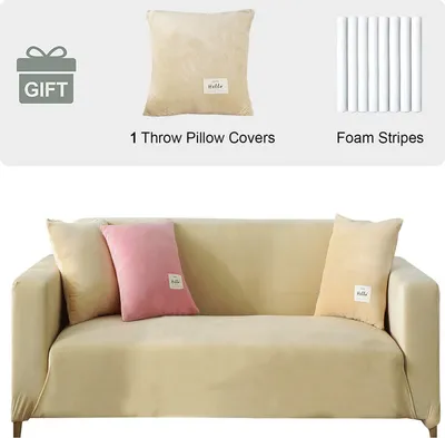 Produktbild von (2-Sitzer, Beige) Dicke Sofabezüge aus Samt, 1, 2, 3, 4-Sitzer, hochelastischer, rutschfester Sofabezug, Möbelschutz, Plüsch-Sofa-Schonbezüge mit 1 Kissenbezug für Wohnzimmer, Hunde, Katzen, Haustiere