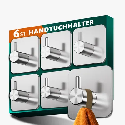Produktbild von Lindenstein 6er-Set Klebehaken selbstklebend Silber, Handtuchhaken ohne Bohren aus 304 Edelstahl, wasserdichte Haken für Bad Küche Fliesen