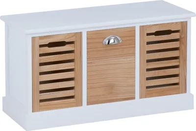 A white and wood storage bench with three compartments.