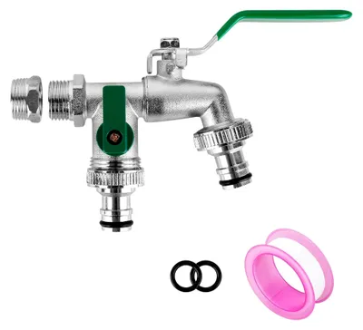Produktbild von Garten Wasserhahn 1/2 Zoll & 3/4 Zoll Kugelhahn Doppel Auslaufhahn, Frostsicherer Wasserhahn für Außen mit 2 Schlauchanschlüssen und Rollendichtband
