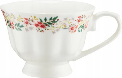 Produktbild von Porzellanbecher 340 ml, weiß mit Blumenmuster, Tassenform mit Fuß, spülmaschinenfest & mikrowellengeeignet