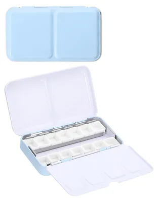 Image de Palette de couleurs à l'aquarelle - Boîte métallique avec 14 godets et couvercle - Pour l'aquarelle, la gouache et la peinture à l'huile - Bleu