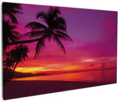 Produktbild von Wallario Premium Leinwandbild Abendrot unter Palmen - pinker Himmel am Strand in Größe 60 x 90 cm