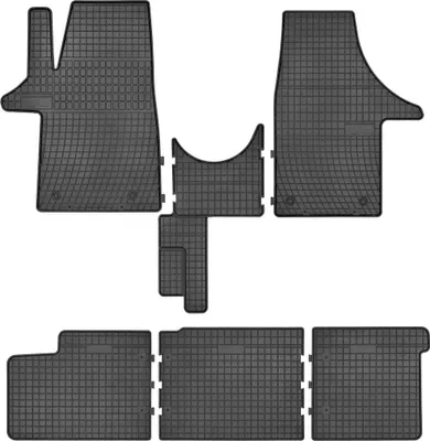 Produktbild von Gummifußmatten passend für Volkswagen Transporter T5 (2-reihiger Lieferwagen, Doppelkabine, Bj. 2003-2015) – schwarz, passgenau, mit Befestigungen set 6 Stk. - Gummi-Automatten