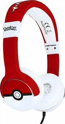 A pair of red and white headphones with a Poké Ball design.