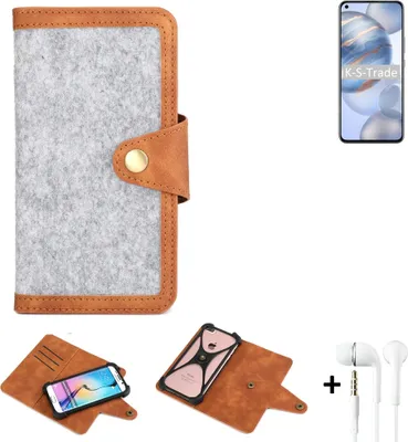 Produktbild von K-S-Trade Handyhülle + Kopfhörer kompatibel mit Huawei Honor 30 Schutzhülle Filz Hülle Kunstleder hellgrau braun (1x)