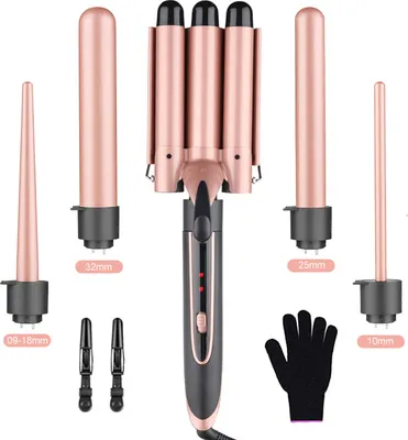 Produktbild von Hikeren Lockenstab Set 5 in 1 mit 3 Fässer,mit LCD Display Welleneisen Keramikbeschichtung Curling Wand Set Roségold