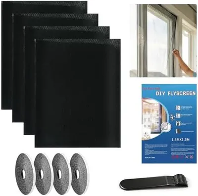 Produktbild von 4 Stück Fliegengitter Fenster,Moskitonetz Fenster mit Klettband Selbstklebend und Kantenklemme,130x150cm,Moskitonetze für Fenster schützen die Familie vor Insekten(4, Schwarz)