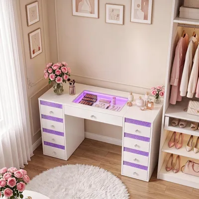 Productafbeelding van VANITII Schminktafel met verlichting, LED, 9 lades, wit, 130 x 55 x 81 cm