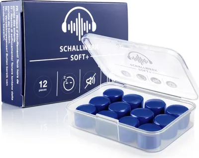 A box of SCHALLWERK SOFT+ earplugs with a clear plastic case of earplugs in front of it.