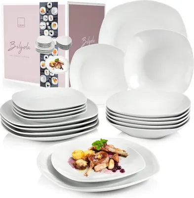 Produktbild von Elegante 18-teilige Serviesset für 6 Personen - Weißes Porzellan Tischgeschirr mit Dinnerplatten, Suppenschalen und Desserttellern