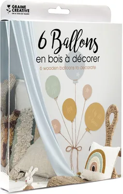 Image de Ballons en bois, lot de 6, comprenant 2 ballons de 20 cm, 2 de 15 cm et 2 de 10 cm, ruban inclus