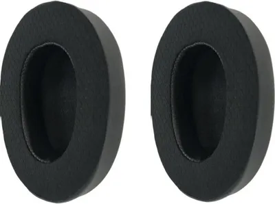 Two black ear pads for headphones are shown against a white background.