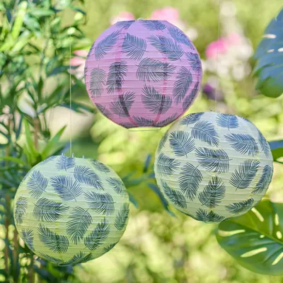 Papierlampions Palmenblatt-Motiv, 3 Stück, 25 cm, mehrfarbig