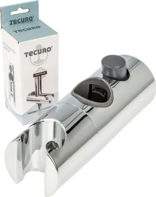 A chrome-plated shower head holder and its packaging are displayed against a white background.